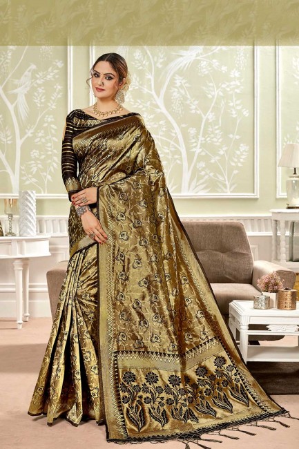 Silk Saree with Weaving in Golden Black