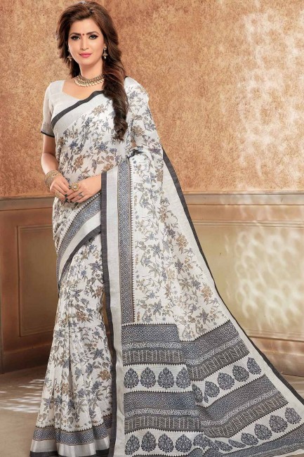 Printed Cotton & Linen Saree in Multicolor with Blouse