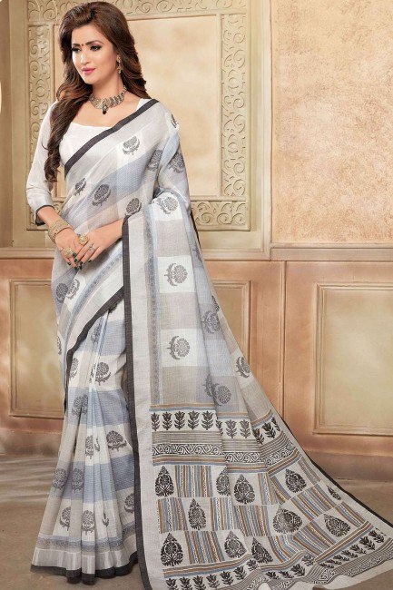 Cotton & Linen Saree in Multicolor with Printed