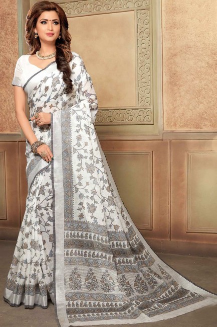 Latest Multicolor Printed Saree in Cotton & Linen