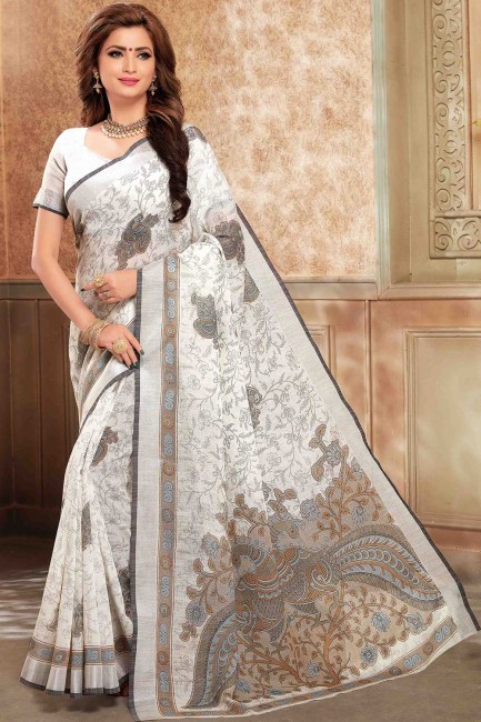Multicolor Cotton & Linen Printed Saree with Blouse