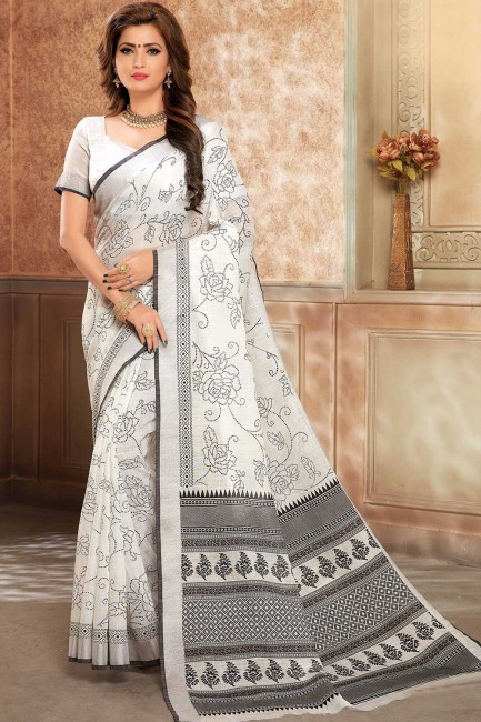 Latest Ethnic Saree in Multicolor Cotton & Linen with Printed