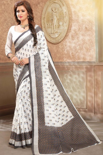 New Multicolor Cotton & Linen Saree with Printed