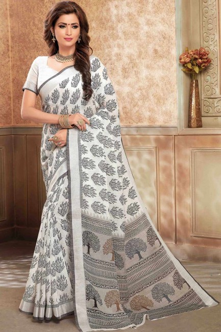 Saree in Multicolor Cotton & Linen with Printed