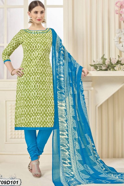 Green, Off White color Poly Cotton Churidar Suit