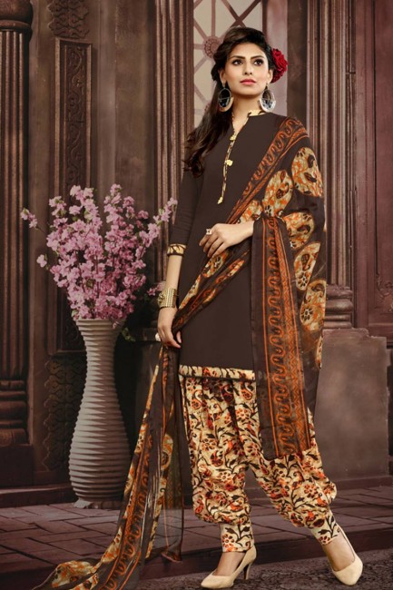 Contemporary Brown Cotton Patiala suit