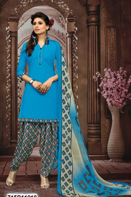 Fashionable Blue Cotton Patiala suit