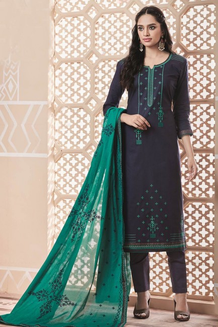 Cotton Churidar Suits with Cotton in Navy Blue