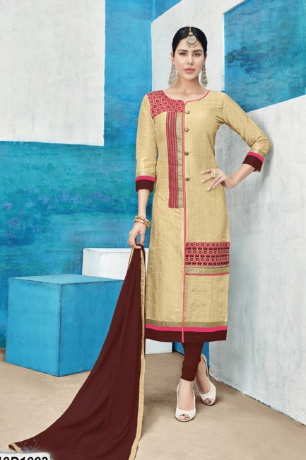Contemporary Beige color Chanderi Silk Churidar Suit