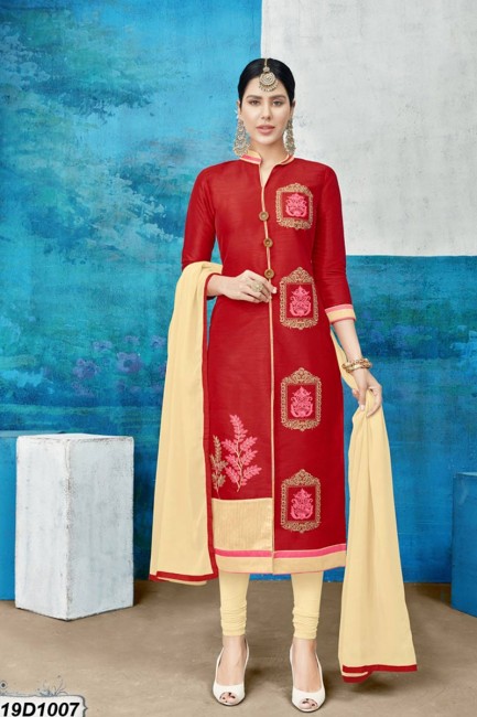 Delicate Red color Chanderi Silk Churidar Suit