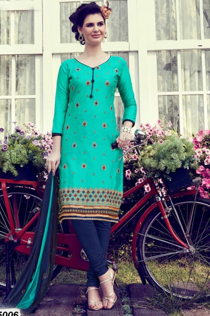 Glorious Turquoise color Cotton Satin Churidar Suit
