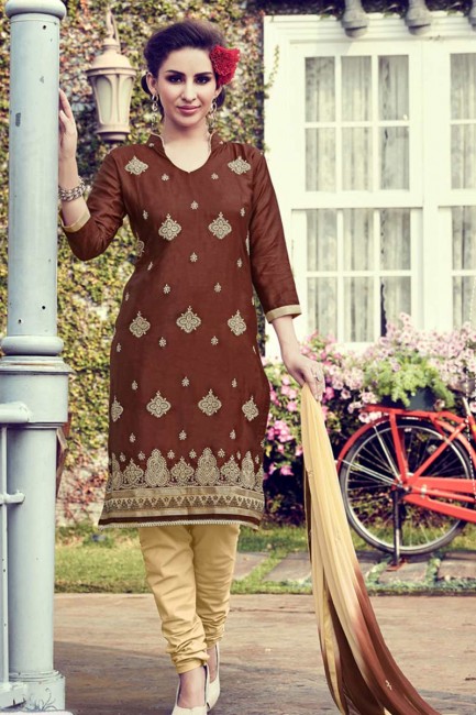 Glorious Brown color Cotton Satin Churidar Suit