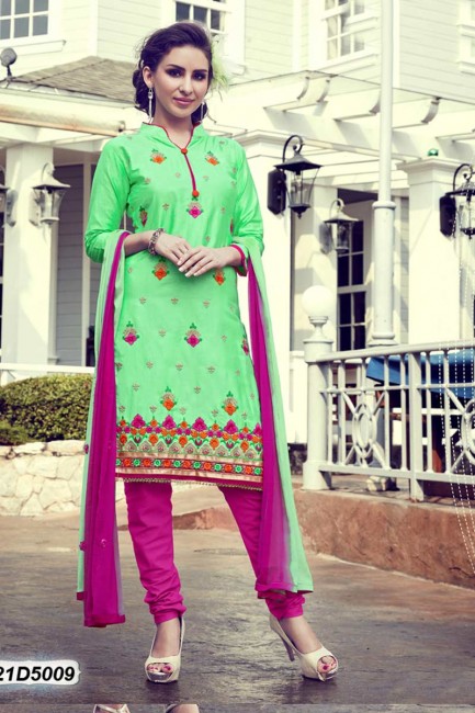 Enticing Green color Cotton Satin Churidar Suit