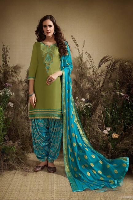 Patiala Suits in Olive Green Silk with Cotton