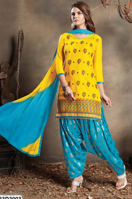 Fashionable Yellow Cotton Satin Patiala suit