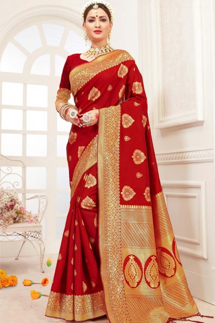 Weaving Saree in Red Cotton & Silk