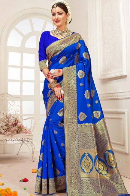 Weaving Saree in Blue Cotton & Silk