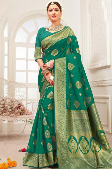 Cotton & Silk Saree in Green with Weaving
