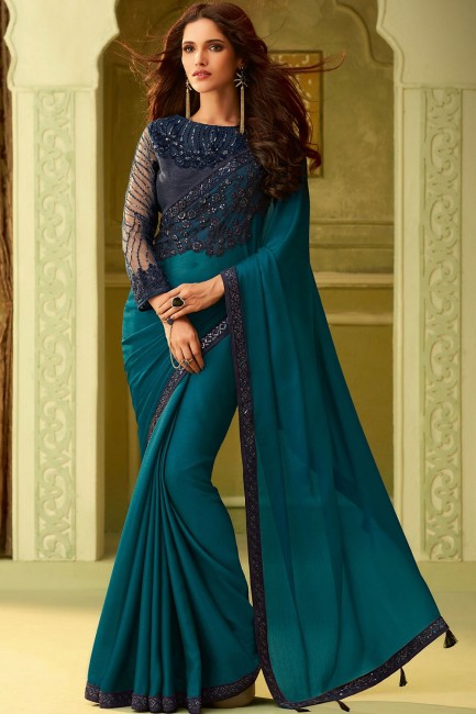 Silk Embroidered sea Blue Saree with Blouse