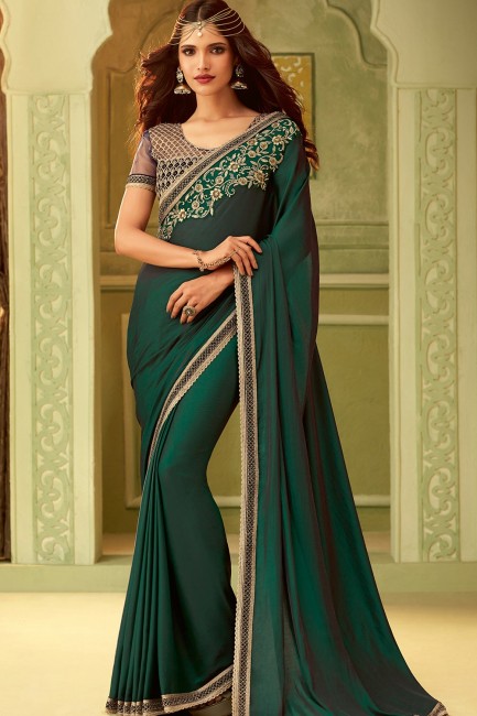 Forest Green Saree in Embroidered Silk