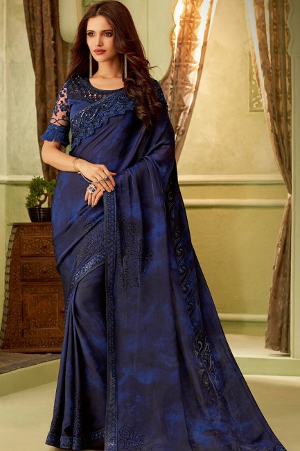 Navy Blue Saree in Silk with Embroidered