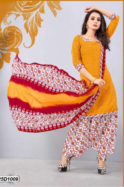 Yellow Poly Cotton Patiala suit