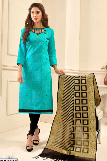 Latest Ethnic Blue color Cotton Satin Churidar Suit