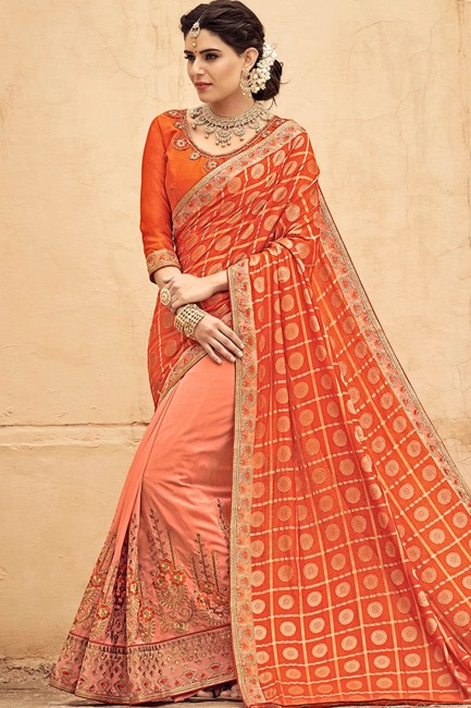 Orange & Peach Georgette Embroidered Saree with Blouse