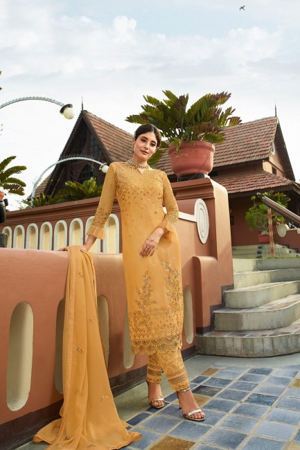 Yellow Satin Georgette Palazzo Suits with Satin Georgette