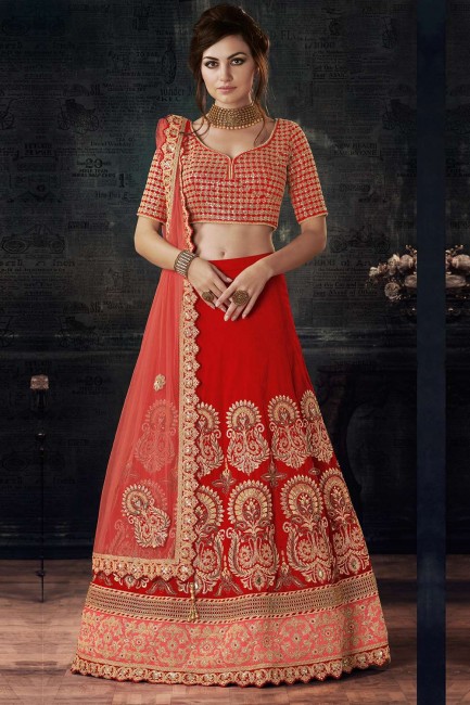Embroidered Silk Party Lehenga Choli in Red