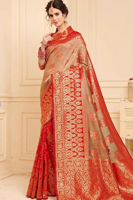 Weaving Saree in Red & Beige Art Silk