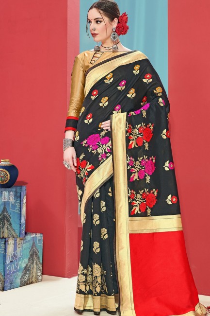 Glorious Art Silk Saree in Black with Weaving