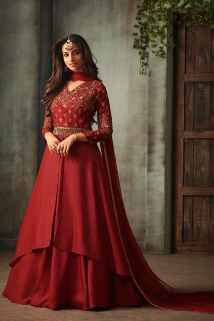 Silk Anarkali Suits in Red with Silk
