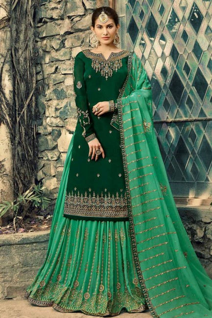Satin Georgette Satin Georgette Sharara Suits in Dark Green with dupatta