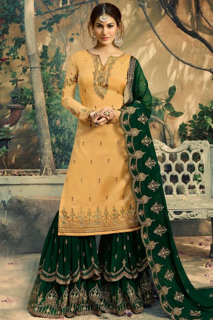 Yellow Satin Georgette Sharara Suits in Satin Georgette