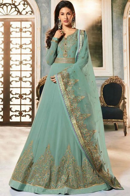 Georgette Anarkali Suits in sea Green with dupatta