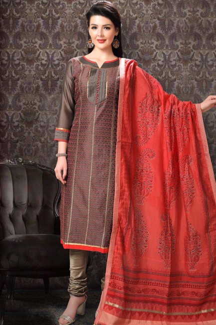 Silk Churidar Suits with Chanderi in Light Brown