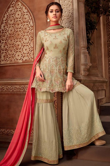 Beige Viscose Palazzo Suits with Georgette