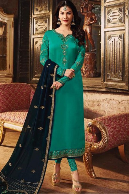 Green Churidar Suits with Satin Georgette