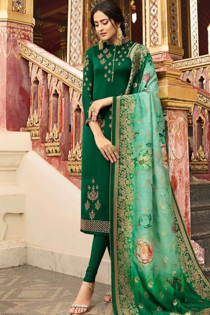Satin Georgette Churidar Suits in Green with dupatta