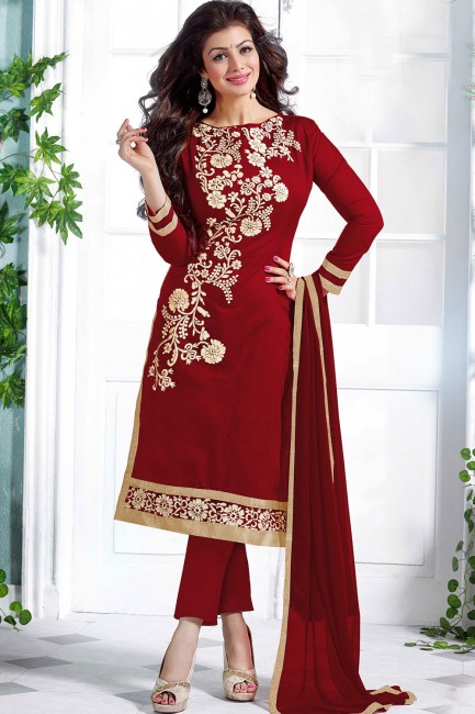 Chanderi Straight Pant Straight Pant Suit in Maroon Cotton