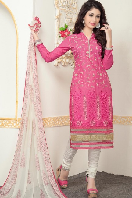 Pink Cotton Chanderi Churidar Suits with dupatta