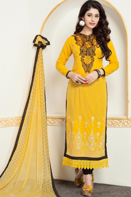 Cotton Straight Suit with Chanderi in Yellow