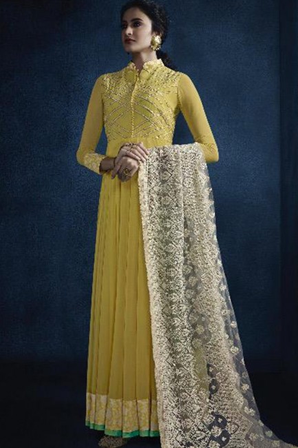 Yellow Georgette Churidar Anarkali Suits