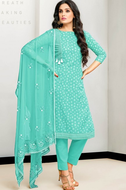 Cotton Satin Straight Pant Suit in Green with dupatta