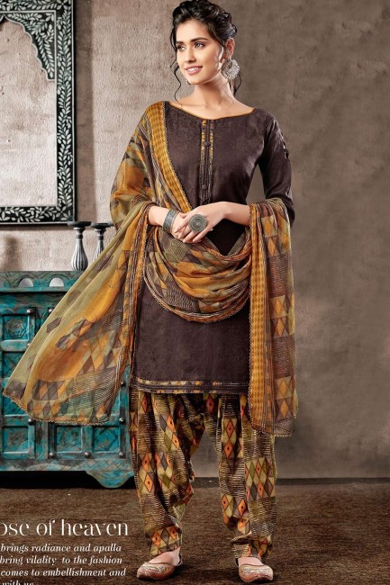 Cotton Patiala Suits in Brown Jacquard