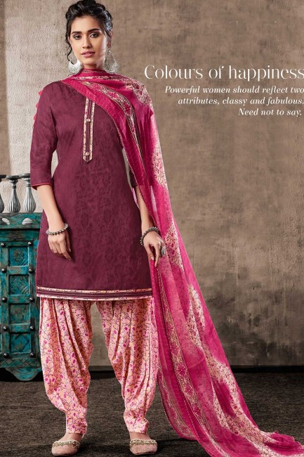 Violet Cotton Jacquard Patiala Suits