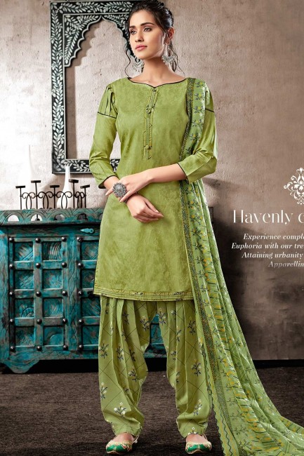 Jacquard Patiala Suits in Green with Cotton