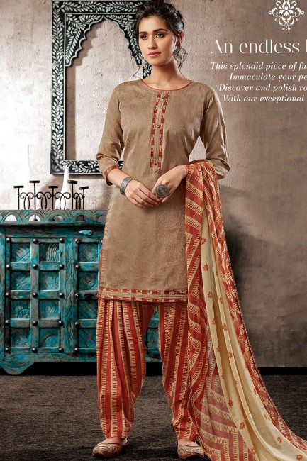 Beige Patiala Salwar Patiala Suits in Jacquard with Cotton