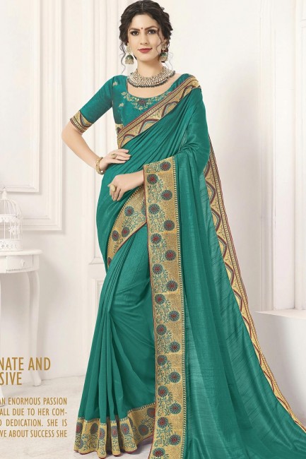 Green Saree in Silk with Embroidered